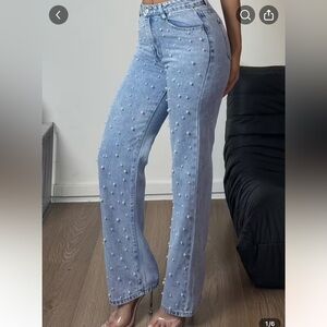 Women's Light Blue Pearl Embellished Jeans
